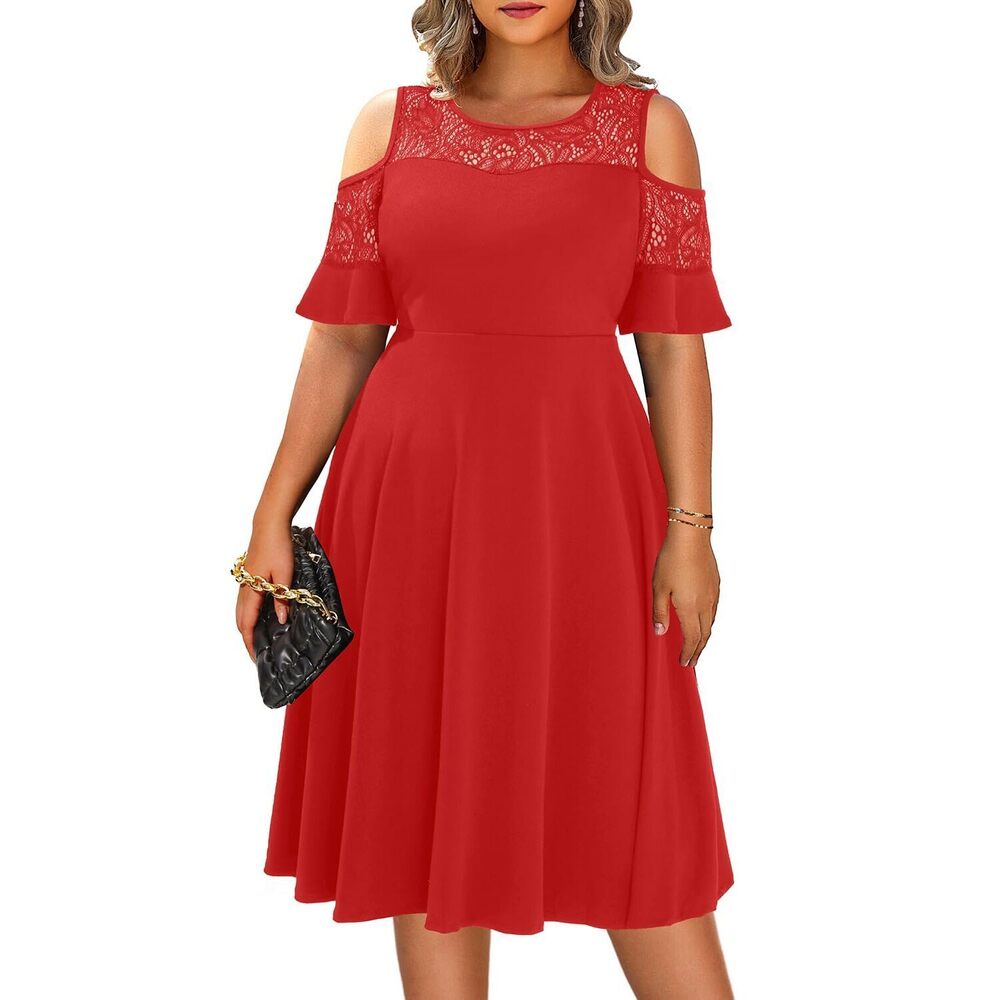 7678 Plus Size Red Dress Cocktail Cold Shoulder Short Formal Wedding Guest
